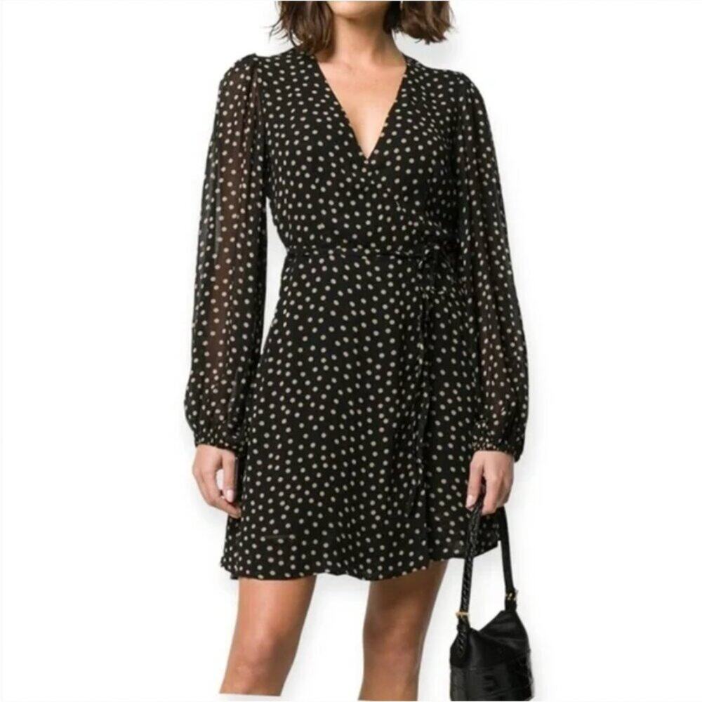 Ganni Georgette Black Polka Dot Mini Wrap Dress